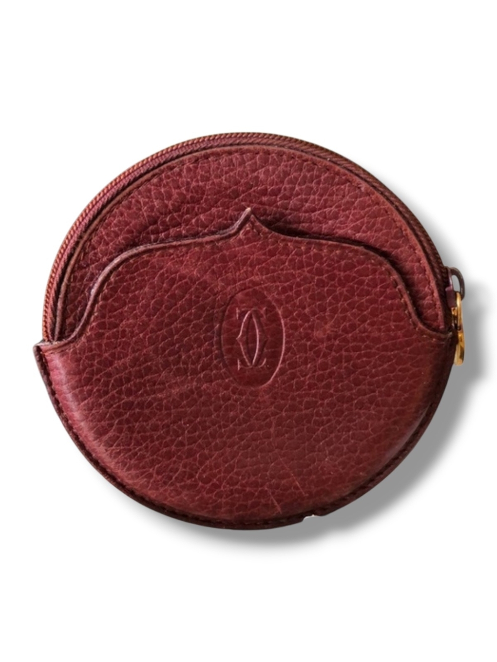 Cartier Round Burgundy Pebbled Leather Coin Case with Gold Zipper